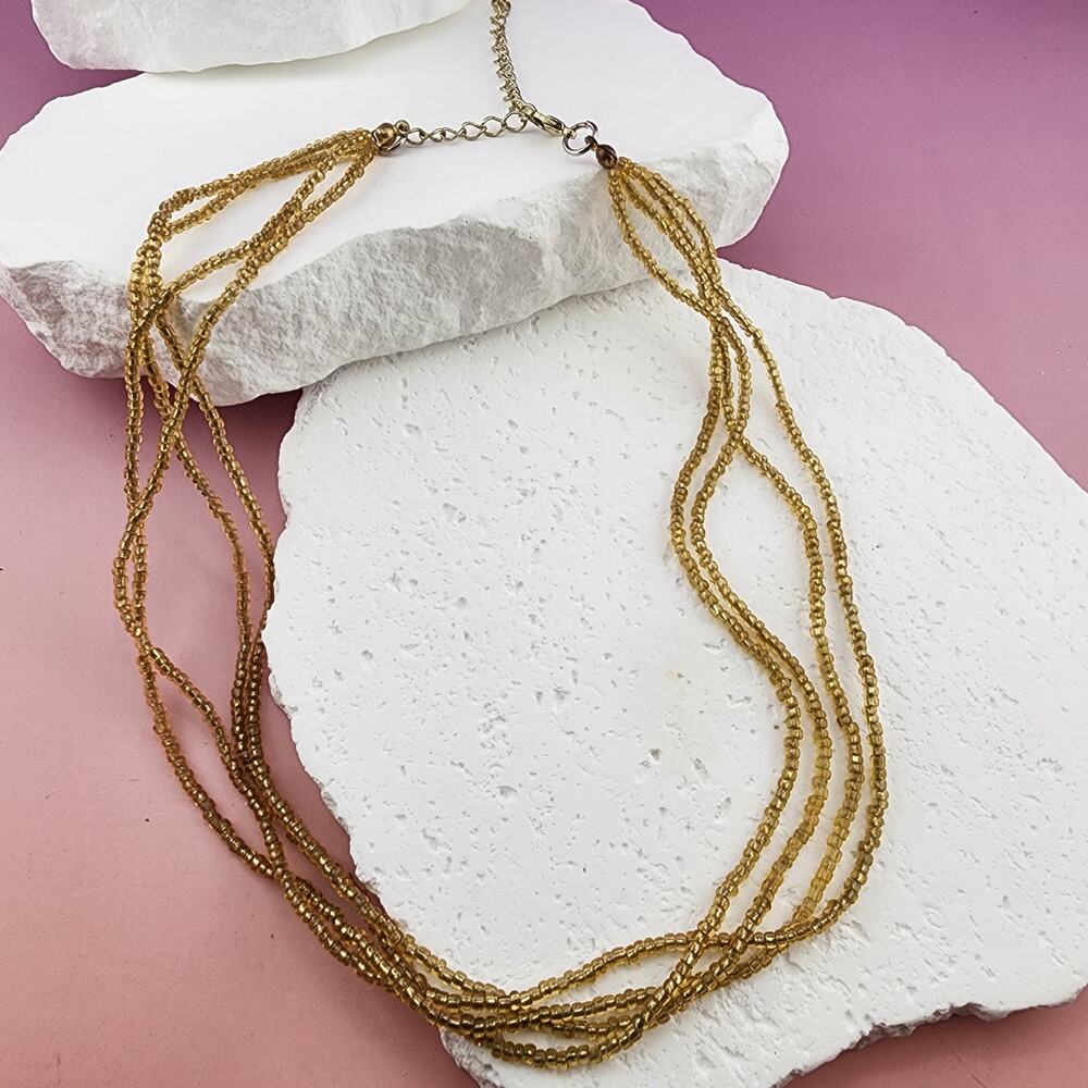 Vintage Gold Tone Seed Bead Multistrand Necklace Boho 22"